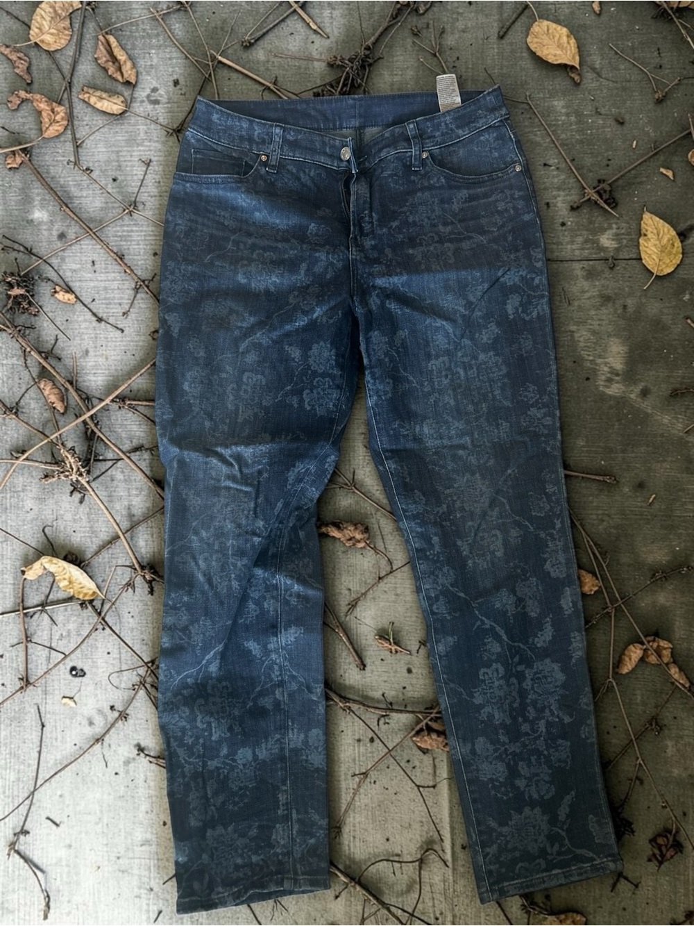 Chico's Women's Straight Leg Jeans in Dark Blue Damask Print